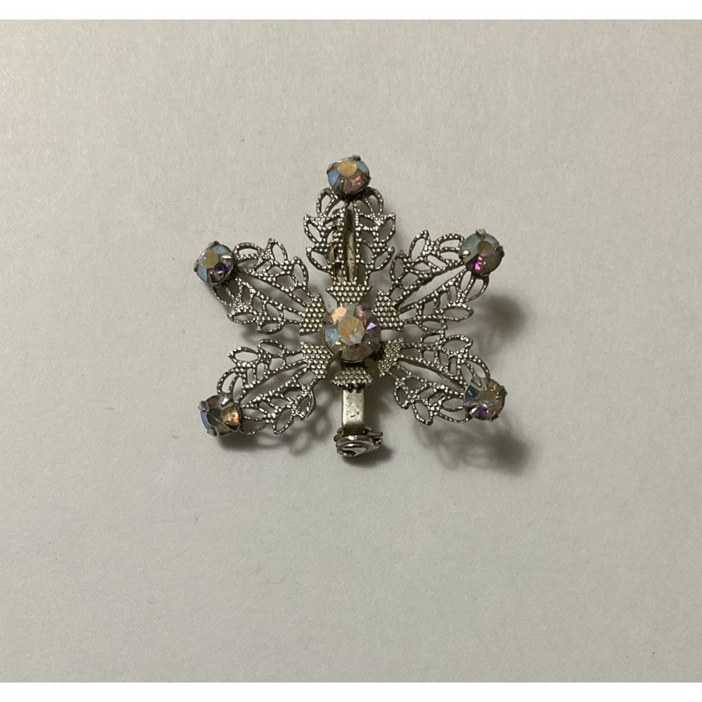 Vintage Flower Snowflake Brooch Rhinestone Lapel Pin Silver Tone AB Stones